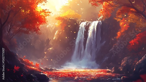 Autumn Waterfall Scene With Red Leaves Falling