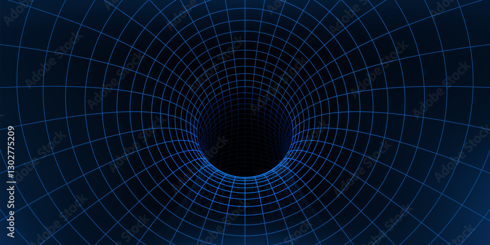 Fototapeta premium Wireframe grid tunnel vector 3d background. Abstract space wormhole, mesh tunnel, funnel or vortex with geometric grid pattern of neon blue line wireframe. Digital graphic space wormhole or portal