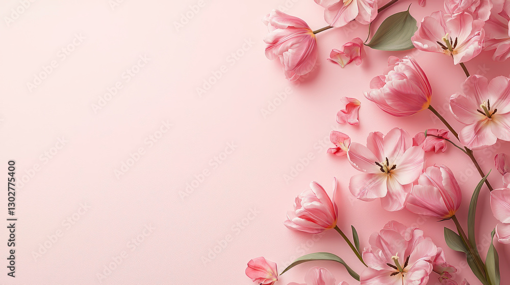 Naklejka premium Spring flatlay showcases an arrangement of delicate pink tulips and cherry blossoms against a soft pastel pink backdrop, ideal for inspiration in crafting, events, or social media