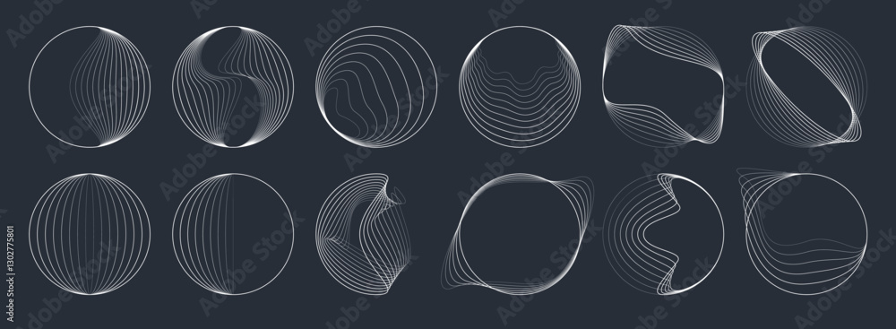 Line round spiral wave shapes, concentric geometric swirl. Vector set of abstract vortex circles, dynamic circular ripples, thin radial bursts, curve whirlwind sonars. White whirlwind looping patterns
