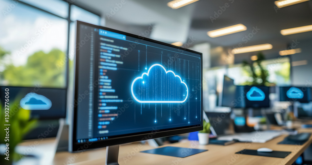 Naklejka premium A blue cloud icon appears on every computer screen