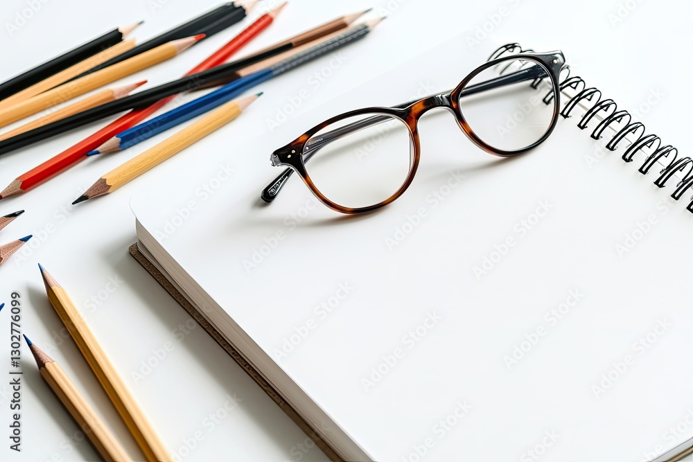 Detailed Visual of White Office Desk with a Notebook and Pencils, Glasses Detailed Visual of White Office Desk with a Notebook and Pencils, Glasses