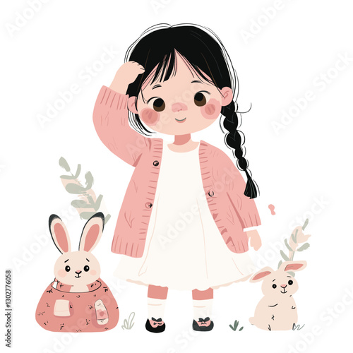 A cute little girl in a pink cardigan and white dress, with black hair in two braids down her back, and dark brown eyes, has her hand on her head as if tying up her hair. She is holding an animal-shap