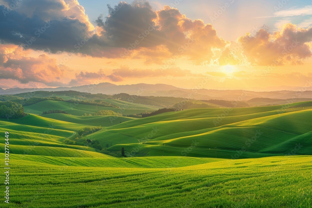 High Detail Visual of Sunrise Over Rolling Green Hills with Vibrant Sky High Detail Visual of Sunrise Over Rolling Green Hills with Vibrant Sky