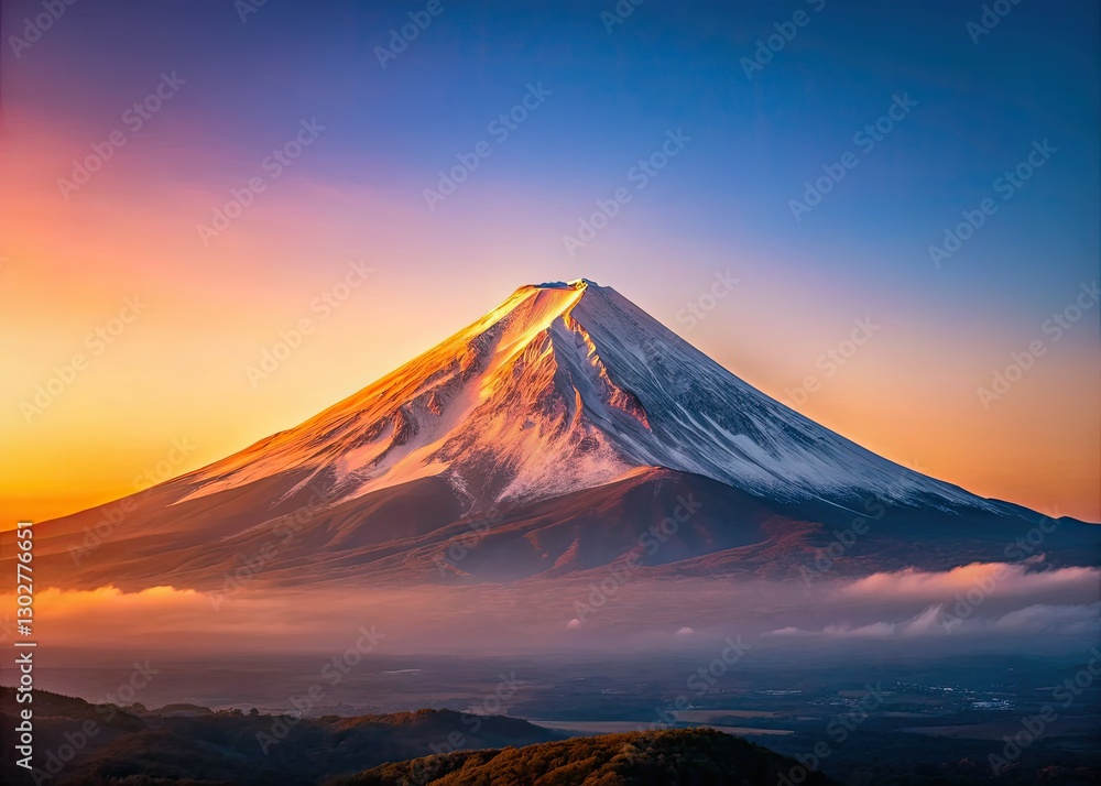 Fototapeta premium Minimalist Fuji: a Japanese morning's tranquil mountain embrace.