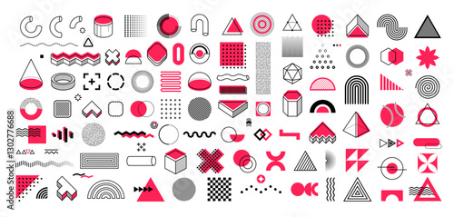 Memphis shapes set with vector abstract line graphic patterns of dots, waves, crosses and arrows. Modern minimal art circles, triangles, cones memphis geometric shapes with black pink halftone pattern