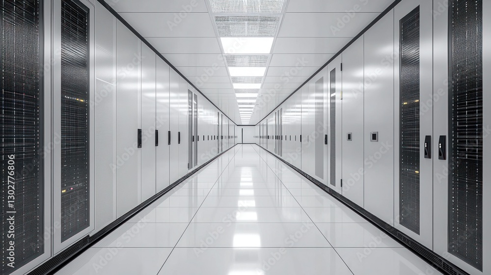 Modern Data Center Corridor with Rows of Server Racks and Lights Modern Data Center Corridor with Rows of Server Racks and Lights