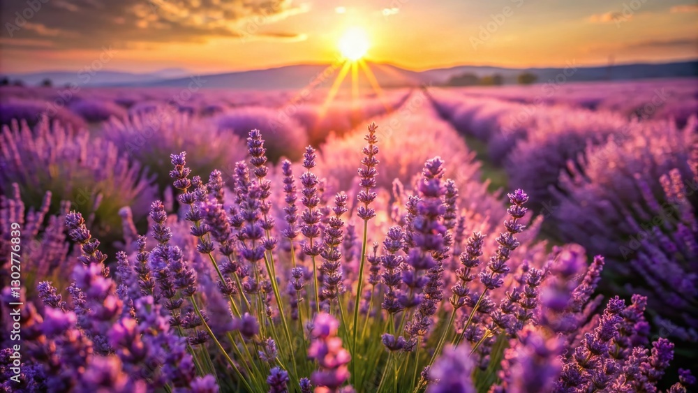 Obraz premium Sunlit Lavender Field: Serene Purple Flowers in Blooming Meadow