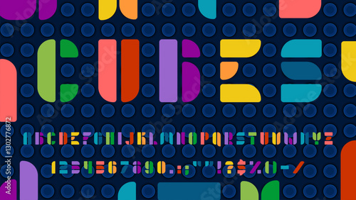 Bold modern kids font, abstract type, child typeface, english playful alphabet letters and numbers blocks. Vector typography geometric font abc characters at kids plastic building blocks background