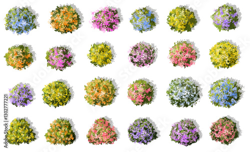 Vertor set of spring blossom tree,blooming plants top view for landscape plan,schematic layout,eco environment concept design,watercolor sakura illustration