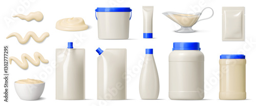 Mayonnaise sauce container package and plastic bottle types. Vector jar, pouch, tube, bowl and squeeze bottles with creamy sauce swirls. 3d mockups for product presentation, food and condiment storage
