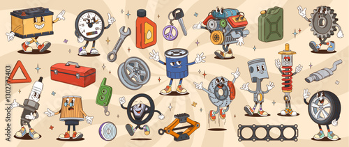 Cartoon groovy car spare part characters. Psychedelic hippie auto repair tools and spare parts vector personages. Retro groovy car engine, piston, oil and battery, wheel, tire, spark plug and gear