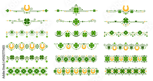 Green clover dividers and border line patterns. Vector set of st Patrick day trims with lucky four leaf clover plants and horseshoes for Irish festival. Decorative ornaments with green grass clover