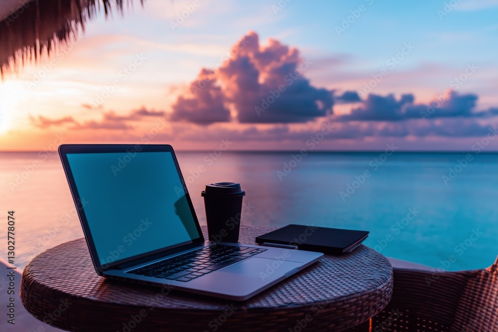 A workplace with a laptop, a diary and coffee on the table against the background of the sea at sunset. The concept of freelancing and remote work.