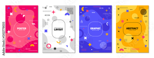 Memphis posters with abstract geometric shapes. Vector vibrant and modern vertical card templates with bold colors and patterns. Contemporary, minimalist compositions for art prints or covers designs
