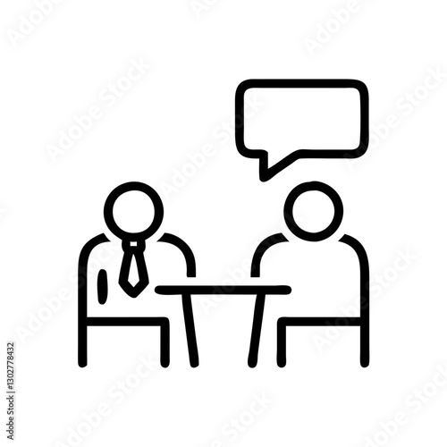 Two professionals engaged in a job interview conversation at a table with dialogue bubble indicating discussion and inquiry