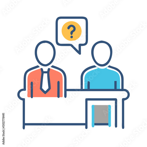 Vector icon of job interview scenario with interviewer and candidate discussing questions and answers at a professional setting