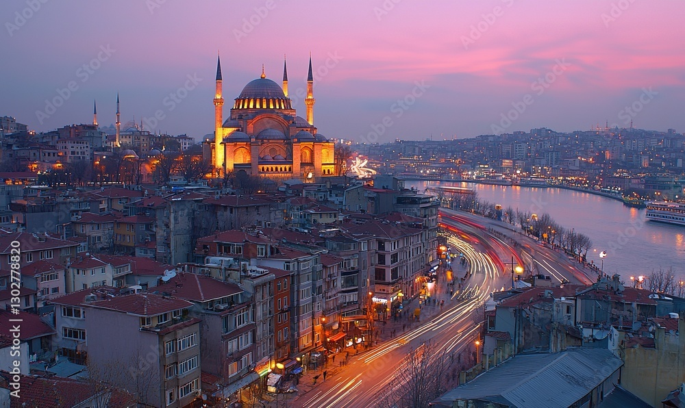 Fototapeta premium Istanbul cityscape at sunset with S?leymaniye Mosque, Golden Horn, traffic trails