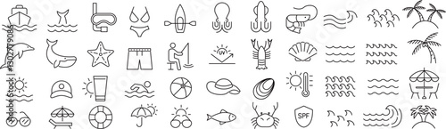 ベクターでモノクロの海に関する線画アイコンセット
