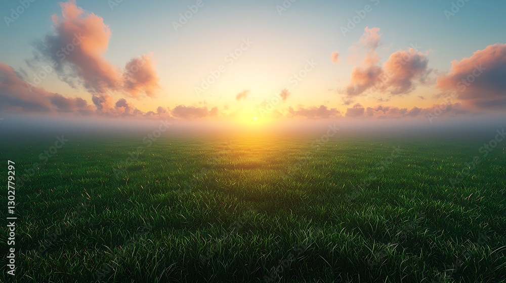 Obraz premium Sunrise over a grassy field, serene landscape, aerial view, perfect for background use