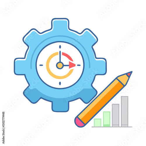 Boosting efficiency with productivity tools illustrated as a gear with a clock and pencil alongside growth charts