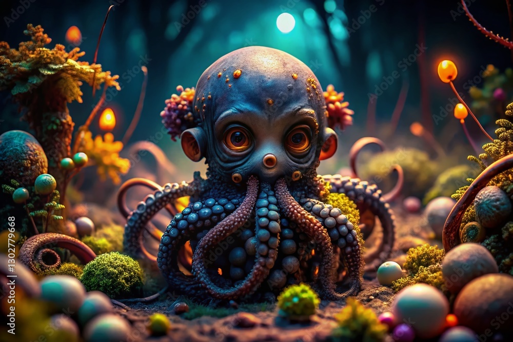 Fototapeta premium Surreal Baby Octopus Sculpture in Dark Whimsical Landscape