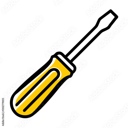 Screwdriver vector icon showcasing a yellow handle and a flat tip, commonly used in various repair and assembly tasks across multiple settings