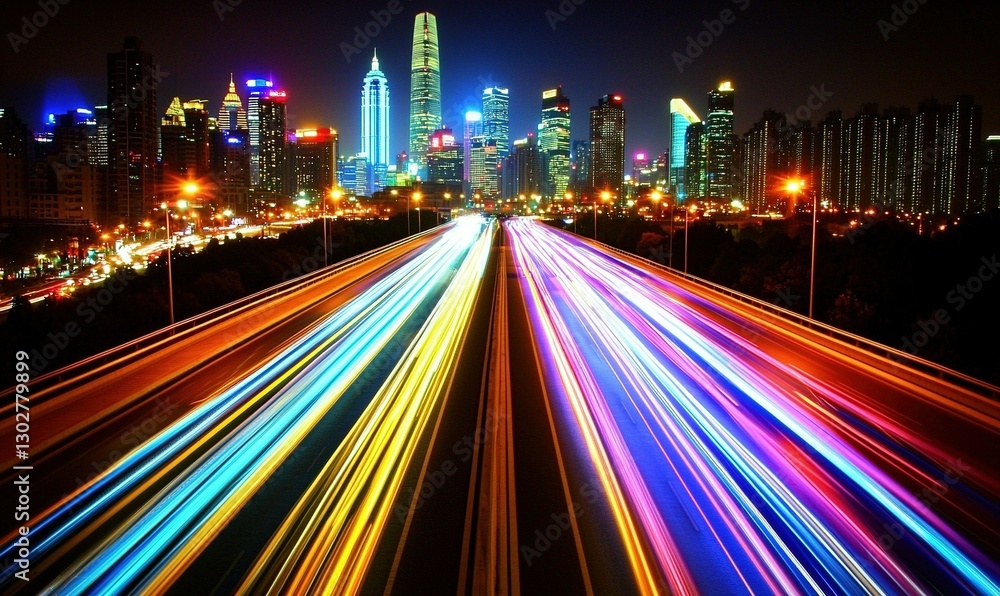 Light trails on highway with city skyline at night Light trails on highway with city skyline at night