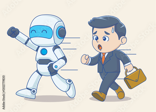 men in suits race against robots. employee defeated by artificial intelligence. workers struggle to find work in the future