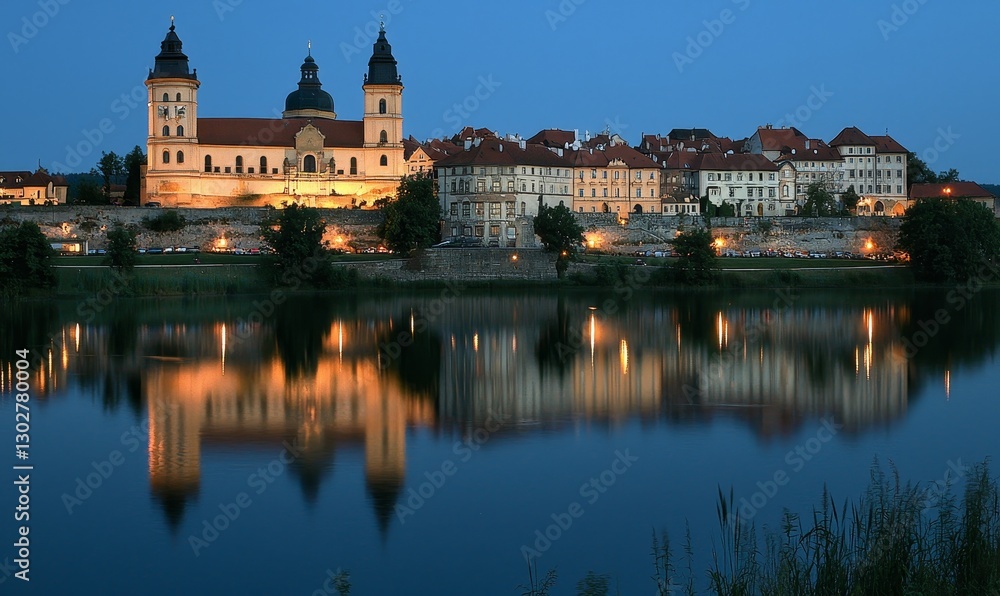Obraz premium Lit cathedral, town reflected in calm river at dusk