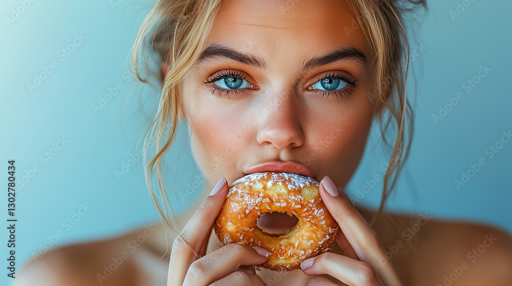 A young woman with striking blue eyes hesitates while biting into a sugary donut, reflecting guilt and indulgence.
