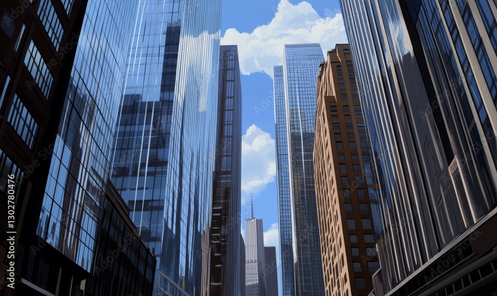 Low angle view of skyscrapers in a city downtown, clouds in sky Low angle view of skyscrapers in a city downtown, clouds in sky