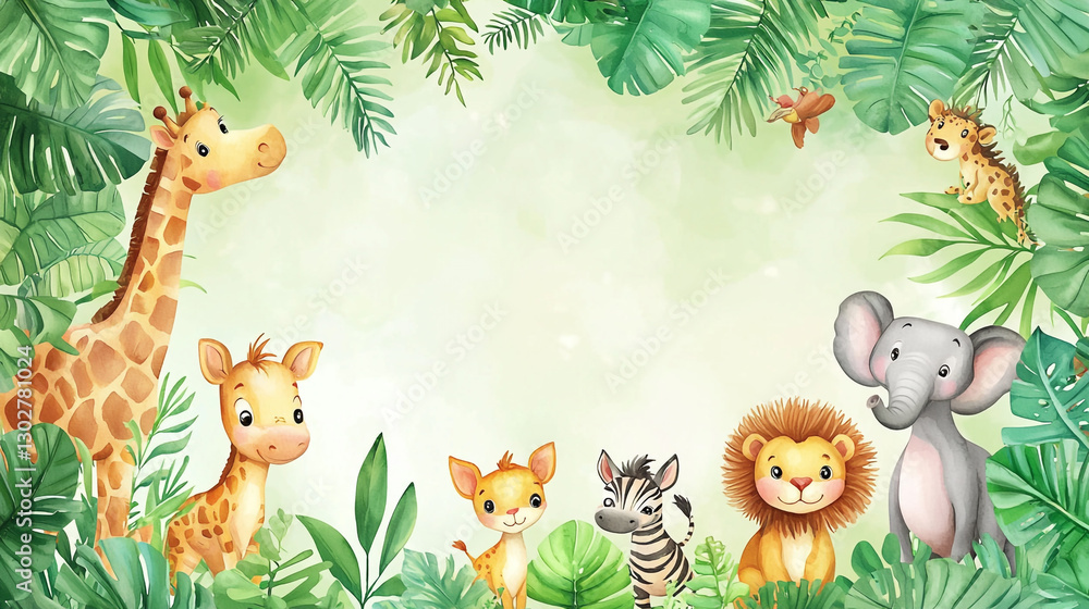 Naklejka premium Adorable watercolor safari animals tropical jungle green leaves background art fun cute lion baby