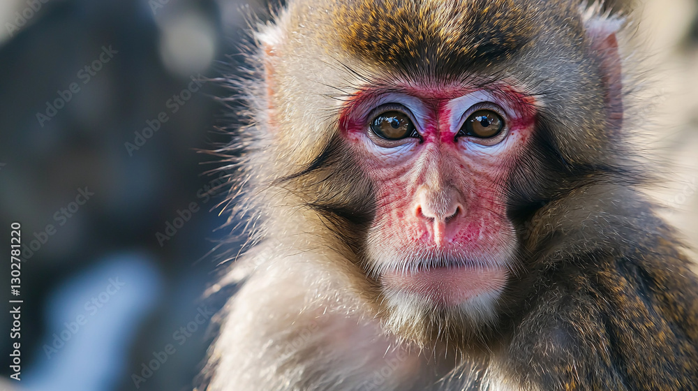 Obraz premium Closeup portrait of a japanese macaque monkey with brown fur eyes face wild cute fauna photo image