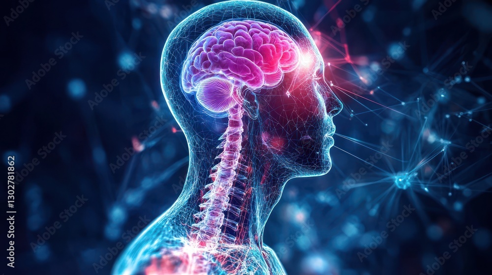 Obraz premium Human Anatomy with Glowing Brain and Spinal Structure in 3D