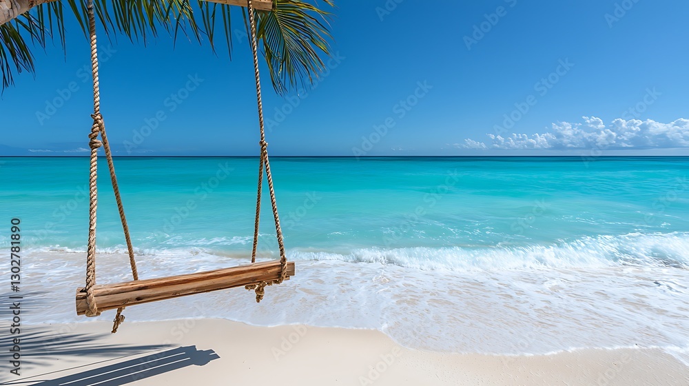 Tropical beach swing, calm ocean, white sand. Perfect for relaxation or vacation imagery Tropical beach swing, calm ocean, white sand. Perfect for relaxation or vacation imagery