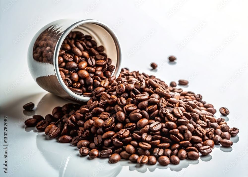 Silhouetted glass overflows with roasted coffee beans, creating a striking contrast against the pure white background. Silhouetted glass overflows with roasted coffee beans, creating a striking contrast against the pure white background.