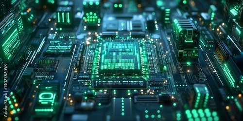 Glowing green computer motherboard with illuminated circuits in technological composition
