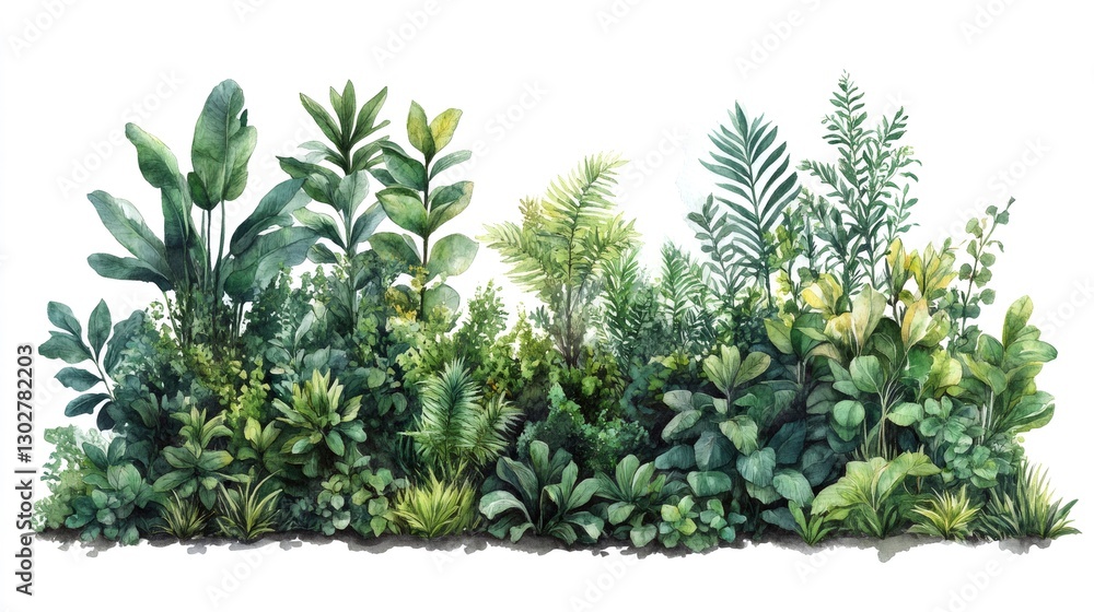 Watercolor painting of lush tropical plants creating a vibrant green border Watercolor painting of lush tropical plants creating a vibrant green border