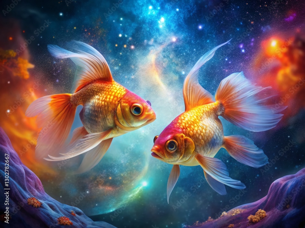 Fototapeta premium Surreal Goldfish Aquarium: Two Fish Facing, Dreamlike Underwater Scene