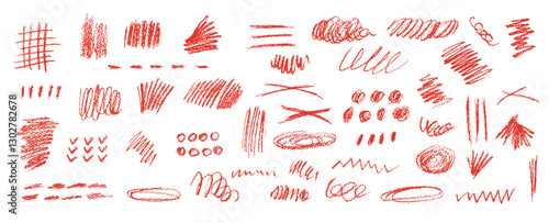 Set of chalk scribble frames and line brush elements. Collection of white wax pencil drawn highlighter spots and cross shapes. Rough crayon vector illustration. Squiggles in children style.