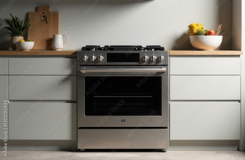 Fototapeta premium Modern kitchen design featuring stainless steel oven and minimalist decor for home inspiration