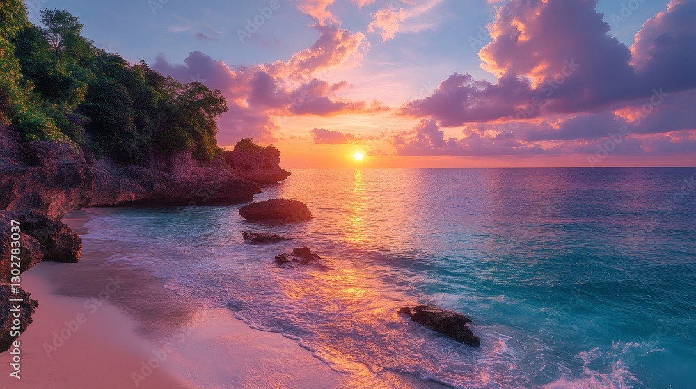 Obraz premium Golden sunset illuminating tropical beach with pink and turquoise water