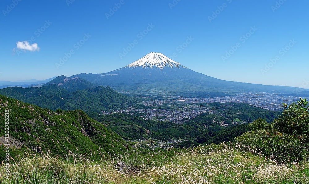 Mt. Fuji, city view, lush green hills, wildflowers, clear sky, ideal for travel or nature publications Mt. Fuji, city view, lush green hills, wildflowers, clear sky, ideal for travel or nature publications