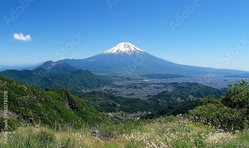 Mt. Fuji, city view, lush green hills, wildflowers, clear sky, ideal for travel or nature publications