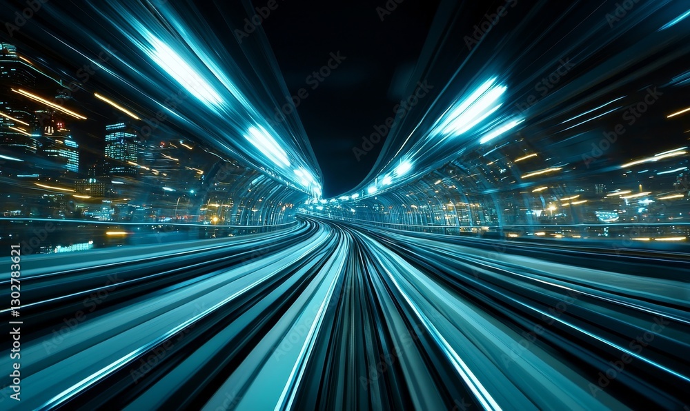 Night city train motion blur, speed, tunnel, urban lights, transportation concept Night city train motion blur, speed, tunnel, urban lights, transportation concept