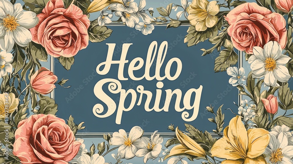 Fototapeta premium Beautiful floral elements frame a cheerful message welcoming spring. The design showcases roses, lilies, and daisies in soft colors, embodying the spirit of the season