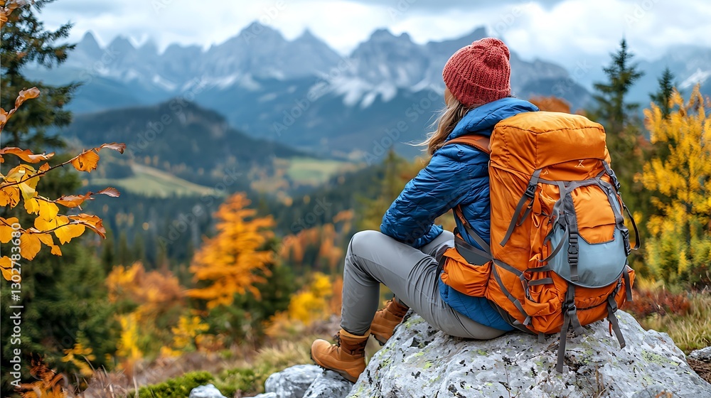 Woman hiker rests, autumn mountain view, scenic landscape, travel adventure. Woman hiker rests, autumn mountain view, scenic landscape, travel adventure.