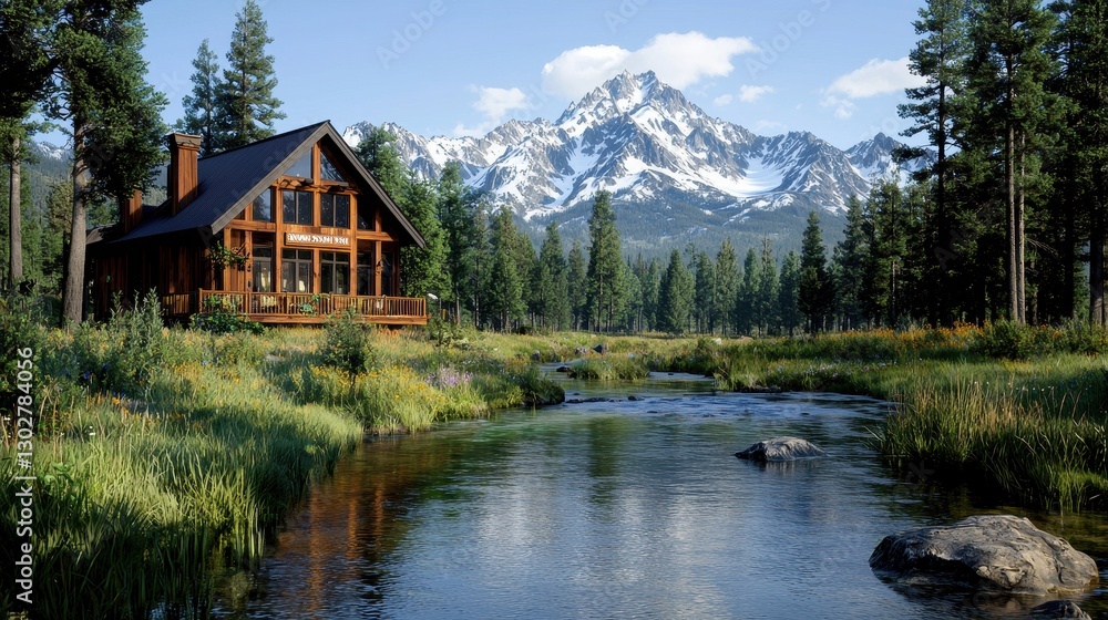 Fototapeta premium Scenic Mountain Cabin Surrounded by Pine Trees and Clear Stream Under Blue Sky