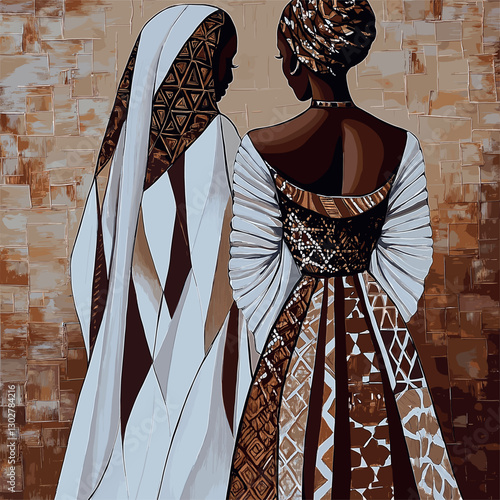 An African painting of woman in long dresses with geometric patterns. One woman has her back turned to the viewer and is wearing an elegant headscarf, wear white and brown